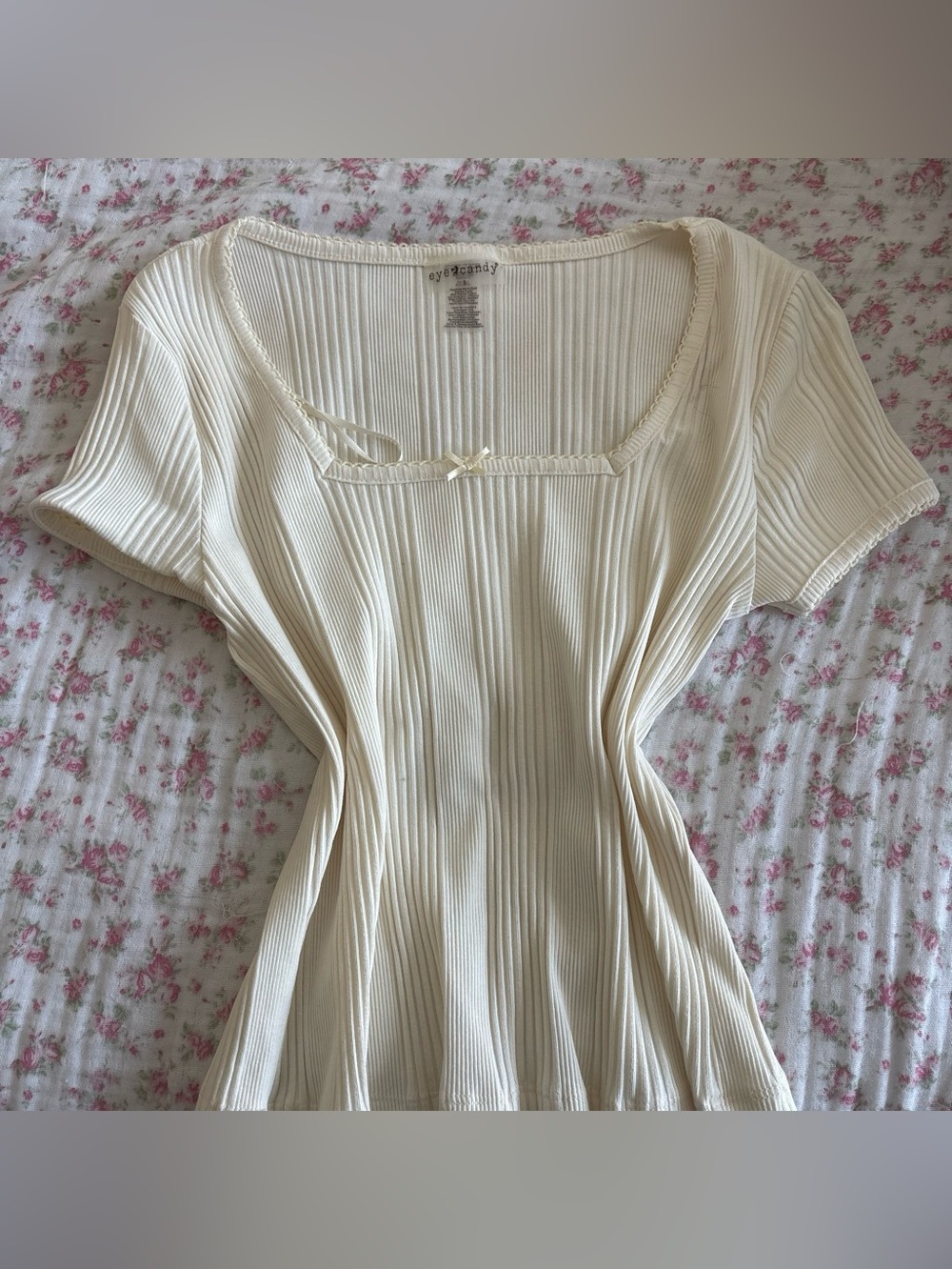 eye candy Cream Ribbed Square Neck Short Sleeve Top with Bow Trim